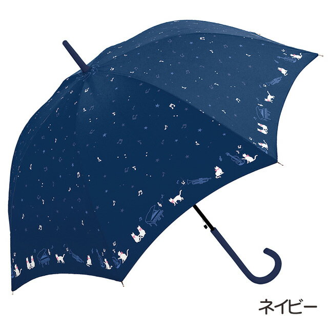 【雨傘】婦人長傘 キャットシンフォニックコンサート58cm ジャンプ傘 [ 猫 ねこ ネコ 音楽 オーケストラ ミュージック 音符 グラスファイバー 女性 婦人 レディス かわいい おしゃれ 紺 ネイビー 黒 ブラック 母の日 ] sps