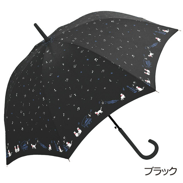 【雨傘】婦人長傘 キャットシンフォニックコンサート58cm ジャンプ傘 [ 猫 ねこ ネコ 音楽 オーケストラ ミュージック 音符 グラスファイバー 女性 婦人 レディス かわいい おしゃれ 紺 ネイビー 黒 ブラック 母の日 ] sps