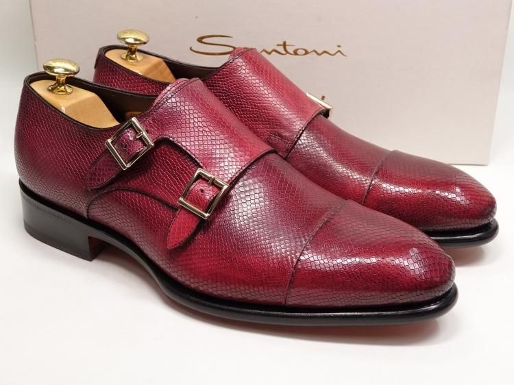 【 中古 】789 / 1113 試着程度 サントーニ ダブルモンク バーガンディー 型押しレザー UK7.5
