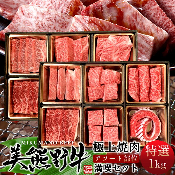 焼肉 食べ比べ 満喫セット1kg（500g×2箱）［特選AB］牛肉 幻の黒毛和牛 美熊野牛 部位アソート 焼き肉パーティ用 みくまのぎゅう 高級ギフト 三重県熊野 食のふるさと 通販 おススメ 産地直送 高級ギフト 【送料無料】[お歳暮 ギフト] おせち スーパーセール