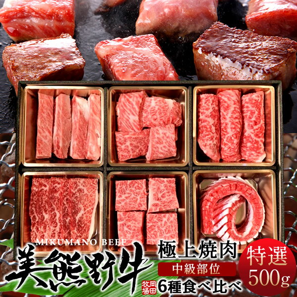 焼肉 食べ比べ 6種セット500g［特選B］牛肉 幻の黒毛和牛 美熊野牛 部位アソート 焼き肉パーティ用 みくまのぎゅう 三重県熊野 岡田牧場 人気通販 おすすめ 産地直送［ 父の日 ギフト プレゼン…