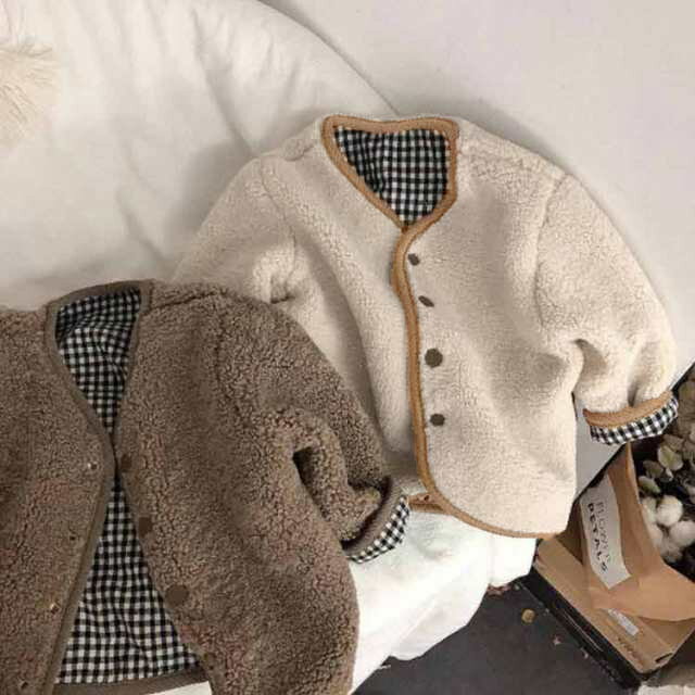 韓国 女の子 アウター 通園 ボアブルゾン コート モコモコ ボアコート 子供服 冬服 ユニセックス キッズ ジャケット 裏起毛 あたたかい 赤ちゃん 通園 軽量 男の子 上着 チェック 通学 ノーカラー ベビー 防寒 暖かい 80 90 100 110 送料無料