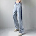 配色ストレートデニムパンツ ハイウエスト