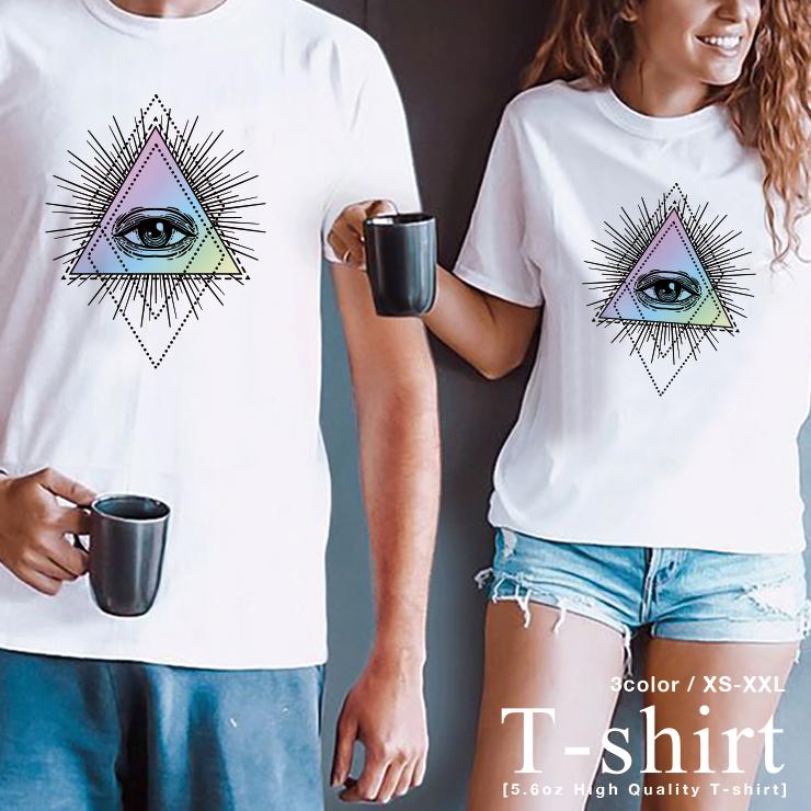 Tシャツ レディース 半袖 綿100% 半袖 おしゃれ プリントtシャツ コットン 人気 高品質 クルーネック メンズ ロゴT 大人かわいい パステル レインボー カラフル イルミナティ 三角形 トライアングル all seeing eye 目