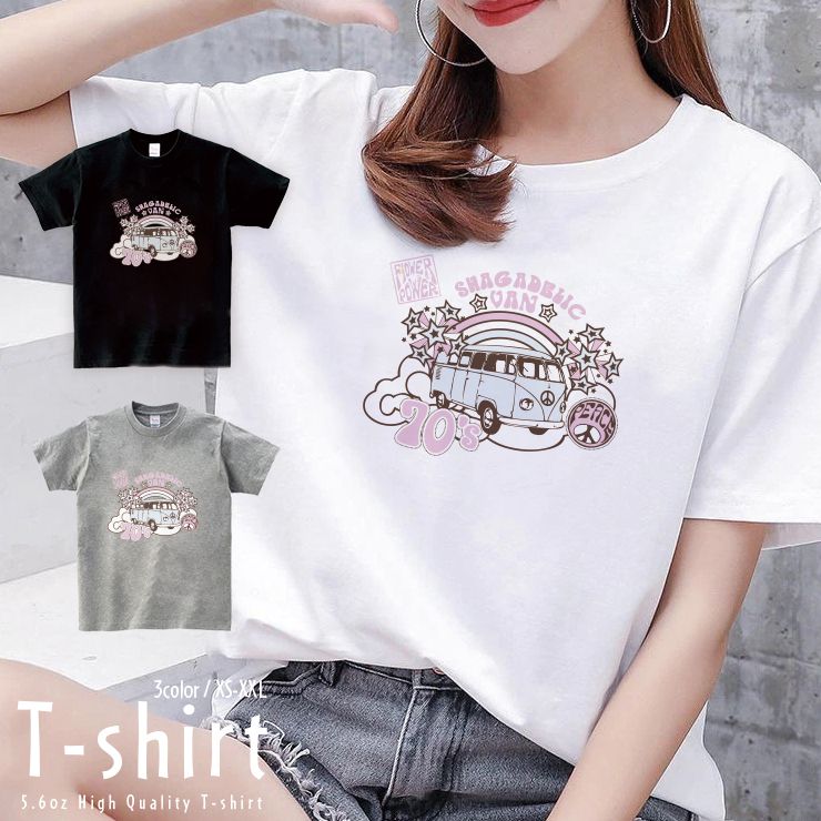 Rakuten - 10%OFF★Tシャツ レディース 半袖 カジュアル ペア カップル ロゴTシャツ 大人 トップス プリント カットソー ブランド ゆったり かわいい おしゃれ ヒッピーバス パステル 70's ピンク