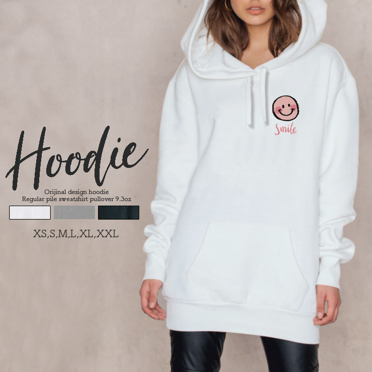 パーカー レディース メンズ スウェット パーカー プルオーバー hoodie 長袖 フード付き ペア カップル S M L XL XXL おそろ おしゃれ 大人かわいい スマイル ニコちゃん ピンク Smile ワンポイント