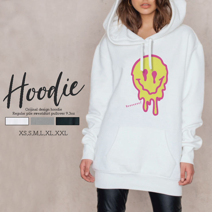 パーカー レディース メンズ スウェット パーカー プルオーバー hoodie 長袖 フード付き ペア カップル XS S M L XL XXL おそろ おしゃれ 大人かわいい スマイル ニコちゃん Beeeeeee! 韓国　スマイリー ピンク イエロー