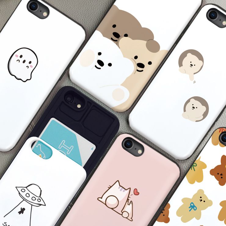 Rakuten - iPhone12/12Pro ケース iPhoneSE(第2/第3世代) ケース iPhone 11 pro max ケース iPhoneXR 背面収納 スマホケース 耐衝撃 おしゃれ ICカード収納 お揃い ペア 韓国 ワンポイント クマ くま 猫　おばけ UFO ニコちゃん 可愛い 選べる10デザイン