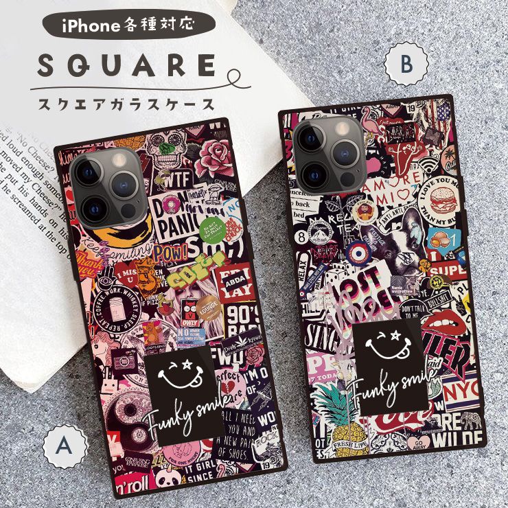 iPhone16 16e ケース 16Pro 16ProMax 16Plus ケース iPhone 15 pro iPhone14 13 12pro ケース 背面ガラス スクエア 四角 強化ガラス 軽量 おしゃれ ステッカー ロック パンク アート スマイル ニコちゃん グラフィティ 大人 かっこいい メンズ