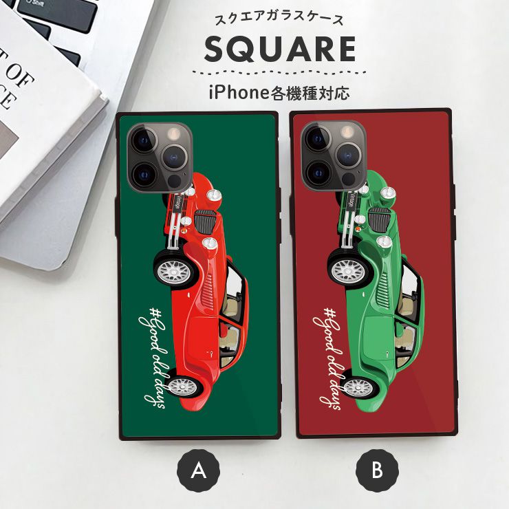 Rakuten - iPhone17 17pro 16 16e ケース 16Pro 16ProMax 16Plus ケース iPhone 15 pro ケース 背面ガラス スクエア 四角 強化ガラス 軽量 おしゃれ 車 レトロ ビンテージ クラシックカー メンズ かっこいい イラスト ペア