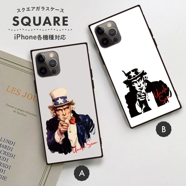 Rakuten - 10%OFF★iPhone16 16e ケース 16Pro 16ProMax 16Plus ケース iPhone 15 pro ケース iPhone14 13 12 ケース 背面ガラス スクエア 四角 おしゃれ アンクル サム アメリカ イラスト ビンテージ レトロ 白黒 モノクロ かっこいい メンズ