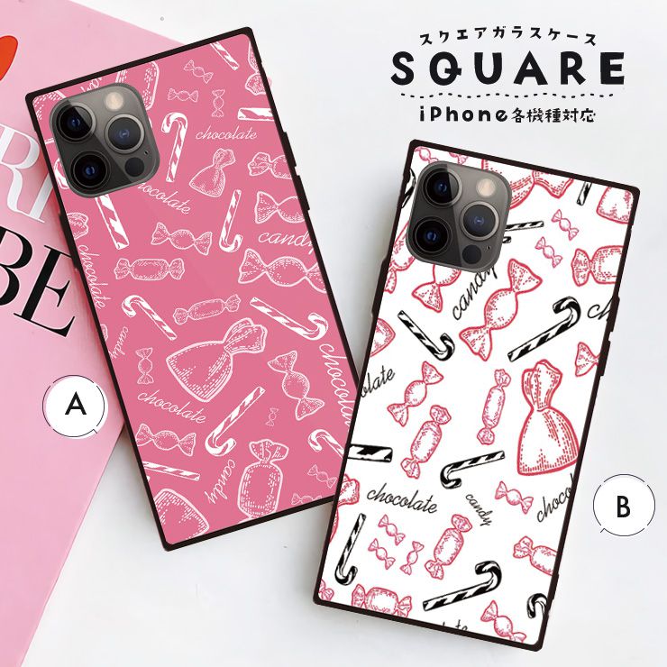 Rakuten - iPhone17 17pro 16 16e ケース 16Pro 16ProMax 16Plus ケース iPhone 15 pro ケース 背面ガラス スクエア 四角 強化ガラス 軽量 おしゃれ ゆめかわいい お菓子 スイーツ ピンク 大人 かわいい 女子 キャンディ