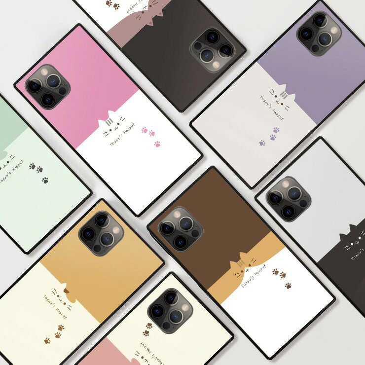 Rakuten - iPhone17 17pro 16 16e ケース 16Pro 16ProMax 16Plus ケース iPhone 15 pro ケース 背面ガラス スクエア 四角 強化ガラス 軽量 おしゃれ ペア カップル 仲良し ネコ 猫 ねこ にゃー 子猫 足跡 パステル バイカラー かわいい 韓国 選べる10デザイン