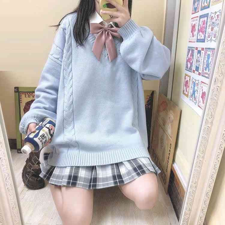 秋冬 春 スクール 女子 セーター スクールセーター Vネック ニットセーター ゆったり ケーブル編み 学生服 レディース ニット JK制服 秋冬 大きいサイズ 無地 女子高生 高校生 中学生 白 制服