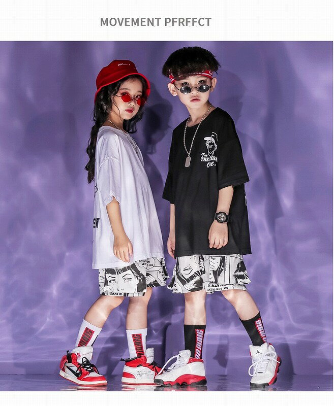 ダンス衣装 キッズ ヒップホップ セットアップ キッズダンス衣装 Hiphop ファッション 黒 アメコミ 韓国 パンツ 白 K Pop 最大 Offクーポン Tシャツ