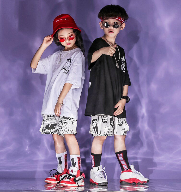 ダンス衣装 キッズ ヒップホップ セットアップ キッズダンス衣装 Hiphop ファッション 黒 アメコミ 韓国 パンツ 白 K Pop 最大 Offクーポン Tシャツ