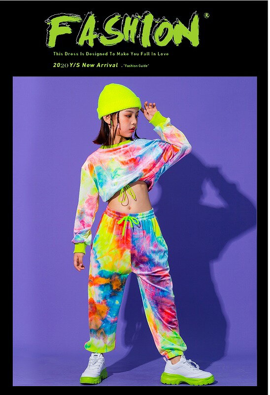 キッズダンス衣装セットアップ派手へそ出しトップスパンツガールズヒップホップダンス衣装K-POP韓国ペイント柄