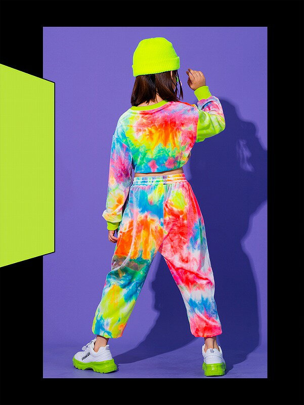 キッズダンス衣装セットアップ派手へそ出しトップスパンツガールズヒップホップダンス衣装K-POP韓国ペイント柄