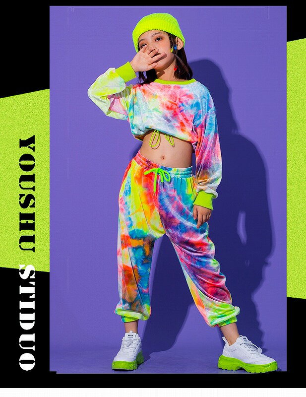 キッズダンス衣装セットアップ派手へそ出しトップスパンツガールズヒップホップダンス衣装K-POP韓国ペイント柄