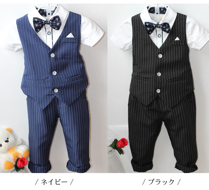 子供服 フォーマルスーツ 男の子 スーツ ストライプ柄 キッズ フォーマル スーツ 3点セット 礼服 ベスト＋パンツ＋半袖シャツ 子供服スーツ 誕生日 記念日 宴会 入園式 キッズ 紳士服 発表会 入学式 蝶ネクタイプレゼント 夏 90/100/110/120/130/140/150/160/170cm