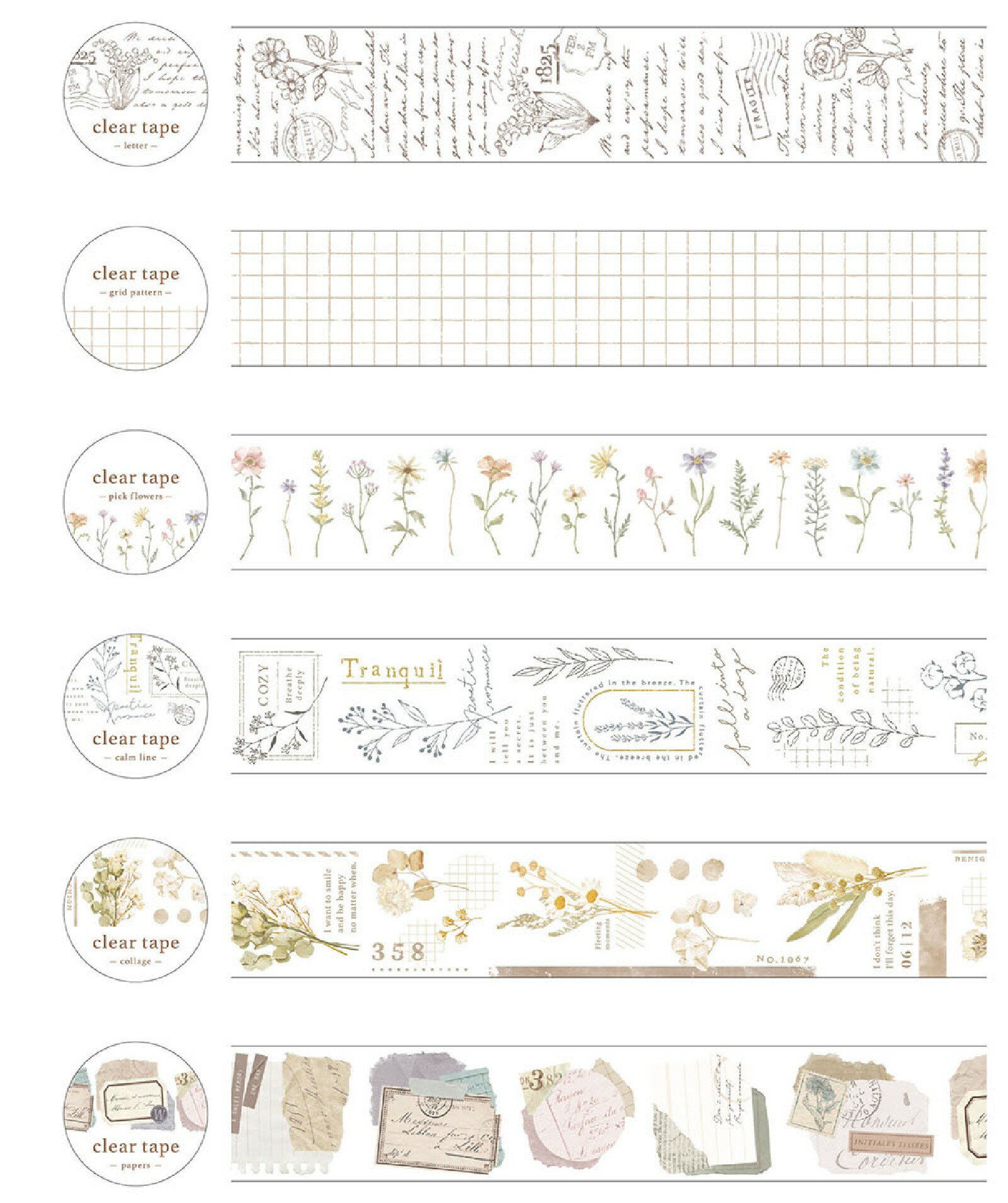 クリアテープ 30mm 透明テープ 全6柄セット miw_95190_95195 マインドウェイブ clear tape