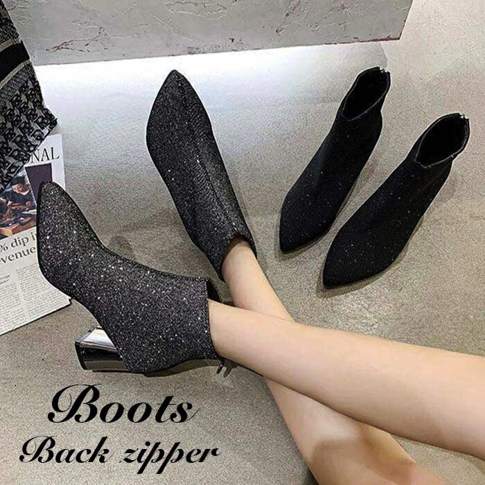 ショートブーツ バックジップブーツ キラキララメ バックジッパー ジップアップ 太めヒール チャンキーヒール 上品 お洒落 可愛い ヒール6.5cm 22.5cm-25cmのサムネイル