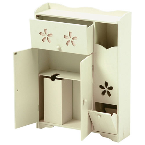 トイレ 収納 おしゃれ トイレラック 桜 花柄 ワイドタイプ ごみ箱付き 省スペース 収納 幅50×奥行14×高さ67cm クリーム トイレ用品 トイレットペーパー収納 サニタリー用品 収納家具 省スペース 掃除用具[MTR-3991CR]