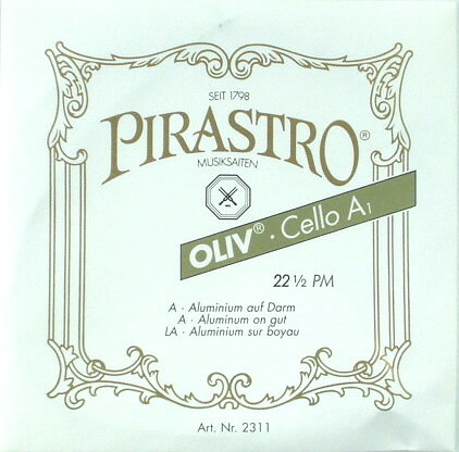 PIRASTRO・OLIV　cello Strings Set　構成 　 品番 仕　様 定価(税別) A線 2311 ガット・アルミ巻 11800円 D線 2312 ガット・アルミ巻 13200円 G線 2313 ガット・シルバー巻 17500円 C線 2314 ガット・シルバー巻 22600円 　 計 65100円