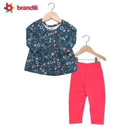 【BRANDILI】女の子ベビー服 小花柄ワンピース・レギンス上下セット ネイビー×コーラルピンク