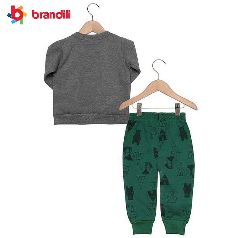 【BRANDILI】男の子ベビー服 シロクマデザイン裏ボア スウェット上下セット グレー×グリーン