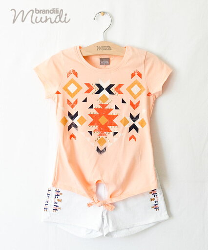 【BRANDILI MUNDI】女の子Tシャツ&ショートデニムセット【ネイティブ柄・おしゃれ着】コーラルオレンジ×ホワイト 【BRANDILI MUNDI】女の子Tシャツ&ショートデニムセット【ネイティブ柄・おしゃれ着】コーラルオレンジ×ホワイト