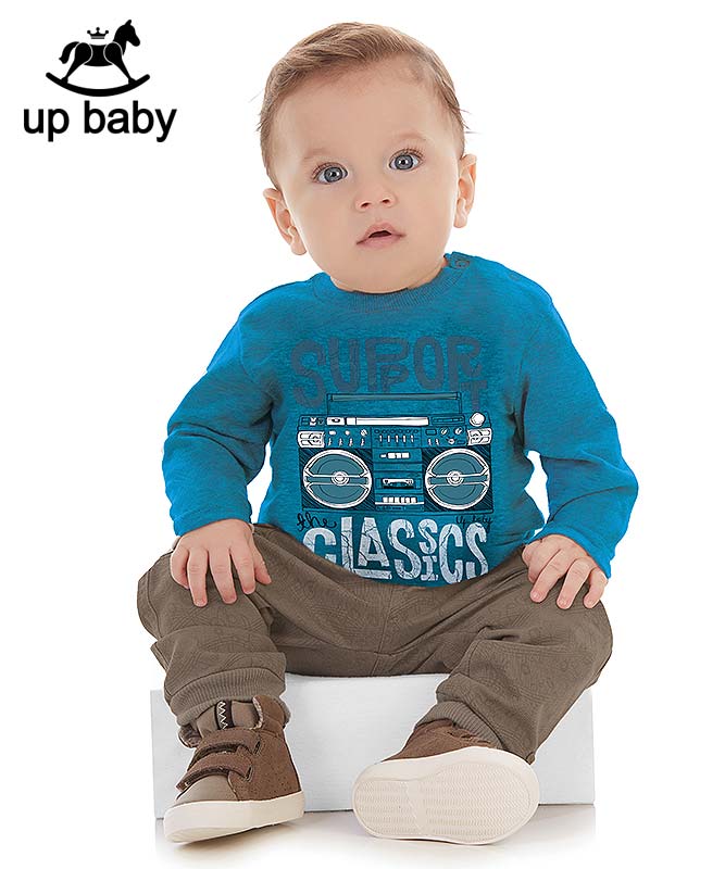 【UP BABY】男の子ベビー長袖Tシャツ＆デザインリブパンツセット【デイリー・ステレオ】ブルー×ブラウンベージュ