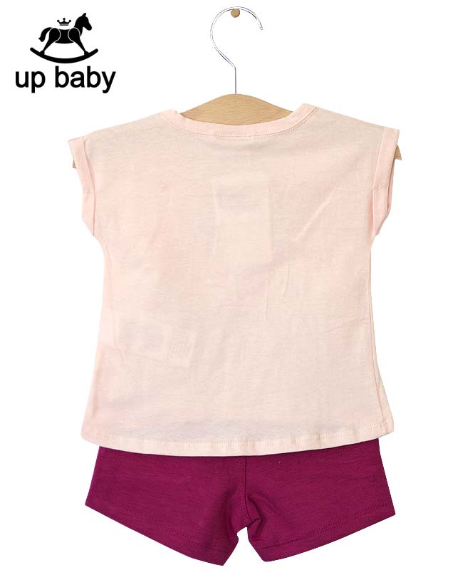 【UP BABY】女の子ベビーTシャツ＆ショートパンツ【デイリー・おしゃれ着にもOK】ラインストーン花｜ピンク×マゼンダ