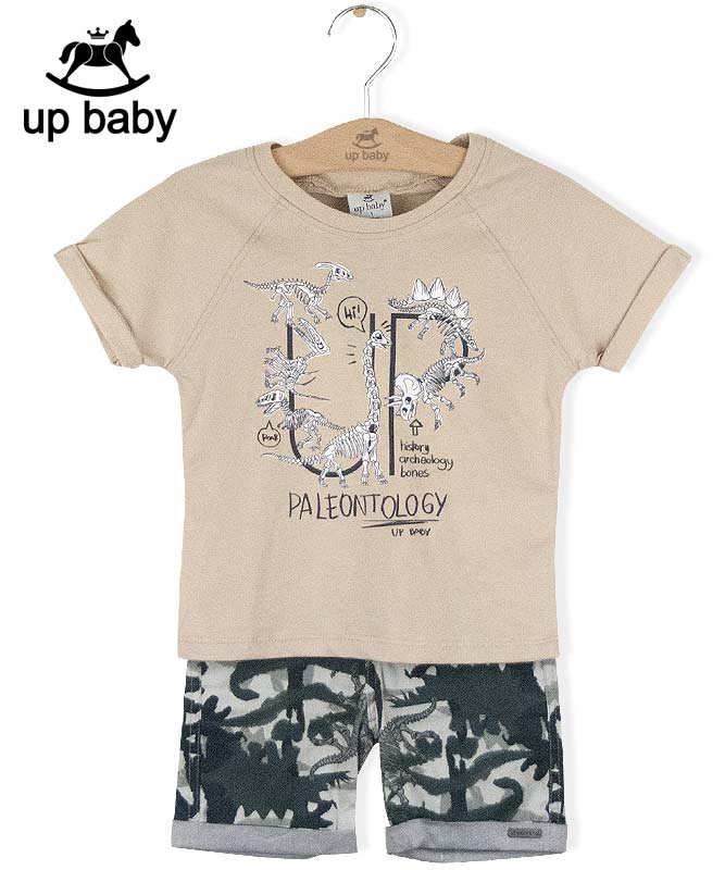 【UP BABY】男の子Tシャツ＆ショートパンツ【恐竜・カモフラ】化石デザイン｜ベージュ×カモフラ