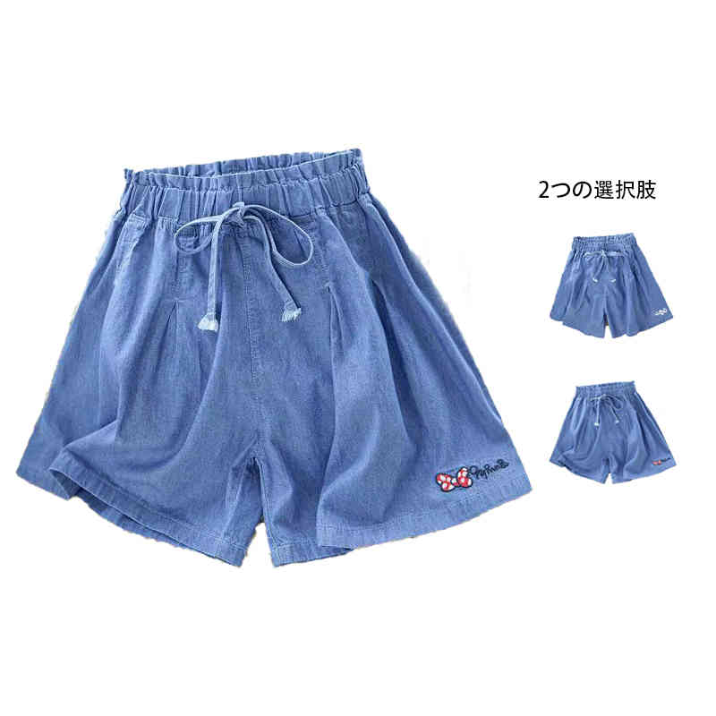Denim - ハーフパンツ キッズ プリーツパンツ ショートパンツ 夏 薄手 デニムパンツ デニムハーフパンツ パンツ ボトムス カジュアルパンツ ゆったり ハイウエスト デニム ウエストゴム リボンパンツ 無地 シンプル 女の子 子供服 送料無料