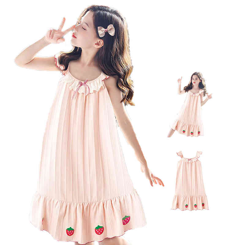 ジュニア パジャマ ネグリジェ 子供 キッズ ルームパジャマ 春夏 ノースリーブ ワンピースパジャマ フリルワンピース ワンピース 子供服 女の子 コットン キャミワンピース 苺柄 シンプル カジュアル おしゃれ 送料無料