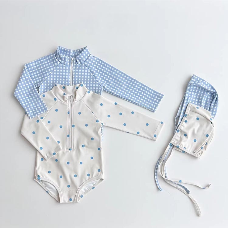 女の子 ベビー 水着 ワンピース ラッシュガード 長袖 ドット柄 チェック柄 ガールズ水着 スイムウェア キャップ付き かわいい おしゃれ 赤ちゃん 幼児 UVカット 夏のレジャー 水遊び 海 プール スイミング 3