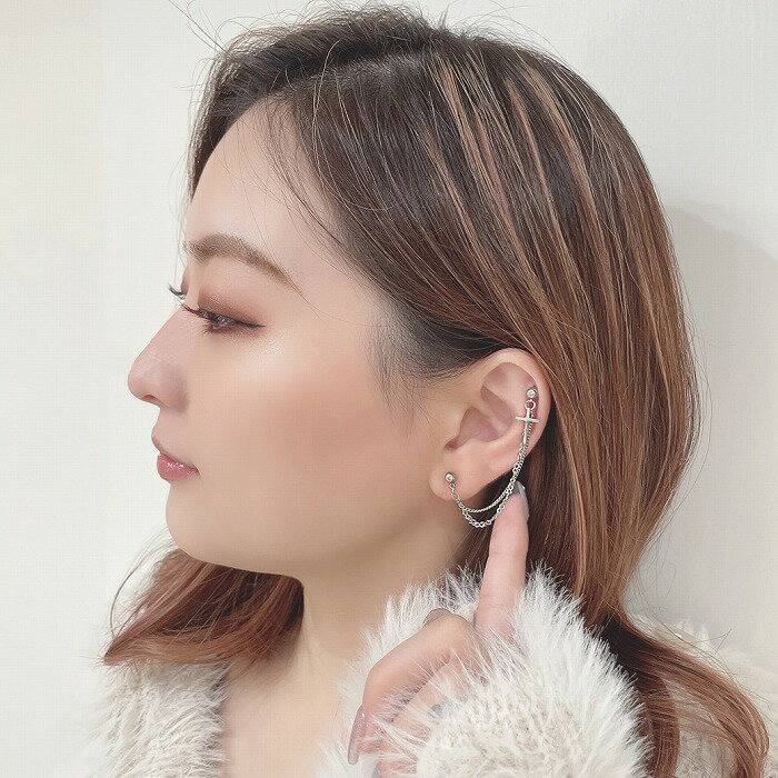 ボディピアス 軟骨ピアス ［14G 16G ］2つのホールを繋ぐチェーン ★ 2ホール スタイリッシュ メタル クロス [シルバー ] 0146