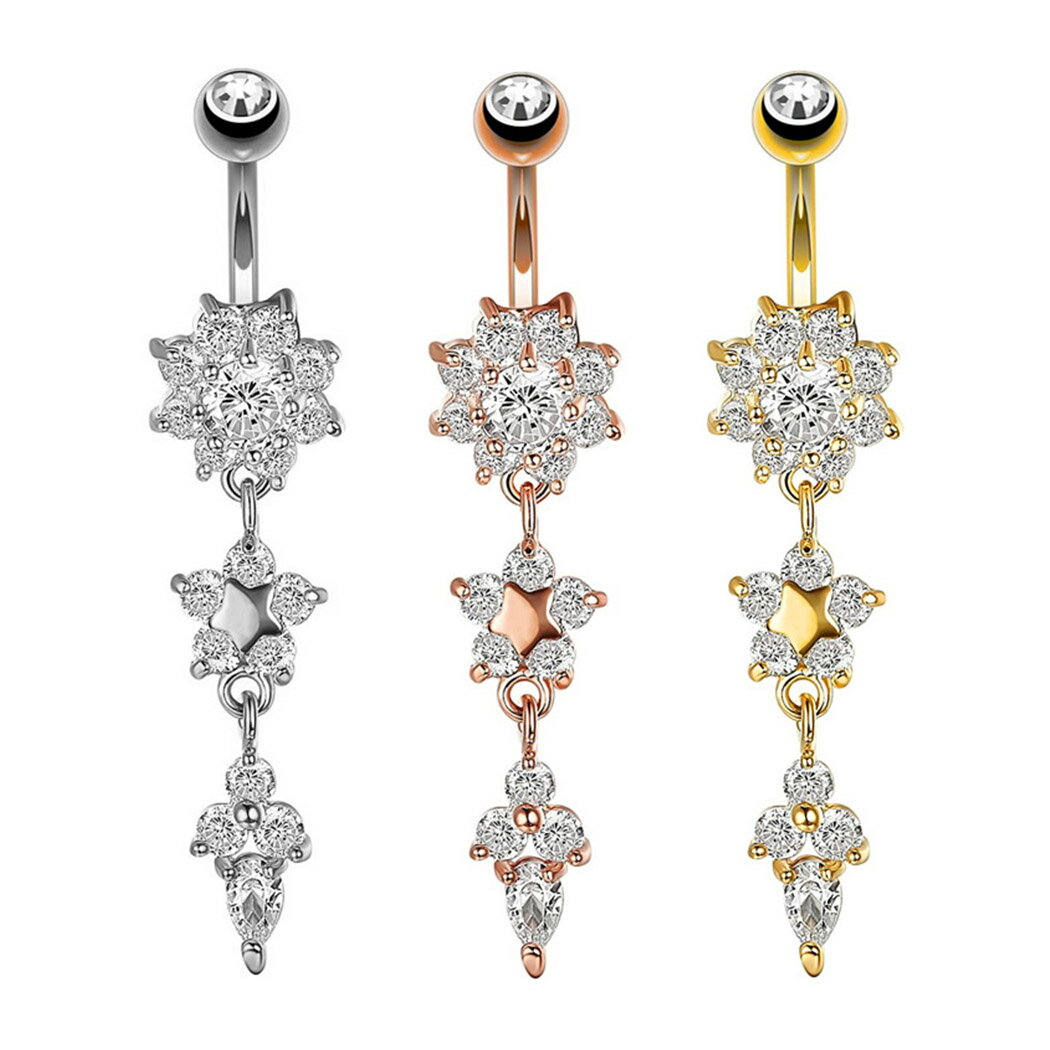 乐天商城 - ボディピアス バナナバーベル 14G へそピアス 臍ピアス ネイブル イヤーロブ ロングピアス 揺れる ぶら下がり 花 フラワー サージカルステンレス ジルコニア 片耳1個 1317