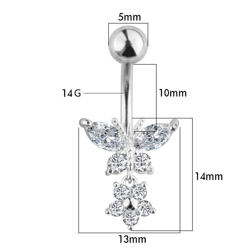 ボディピアス ヘソピアス へそピアス 臍ピアス バナナバーベル ネイブル イヤーロブ 蝶 バタフライ 花 フラワー 揺れる ジルコニア サージカルステンレス 14G 1個 1322