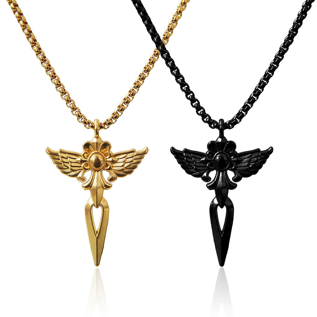 大きめで存在感ばっちり！ 羽のついた十字架モチーフのネックレスです。 チェーンには高品質のサージカルステンレスを使用しており、 金属アレルギーの方でも安心です。 また、錆び・変色・傷・汗にも強く お手入れも簡単といった特徴があります。 メンズ・レディース問わずOK! ご希望のカラーをお選びください。 【カラー】 ゴールド ブラック 【素材】 合金 316Lサージカルステンレス 【サイズ】 トップ　：43mm×34mm チェーン：幅3mm 長さ60cm 【価格】 1980円／1個 ・モニター環境や製造時期により、多少色味が異なる場合がございます。 ・サイズには若干の誤差がある場合がございます。 ・海外輸入品の為、稀に小さな傷等がある場合がございます。