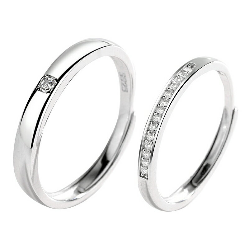 ペアリング フリーサイズ S925 プラチナメッキ 一粒 ジルコニア ラインストーン シンプル 細い マリッジ エンゲージ 婚約指輪 結婚指輪 レディース メン...