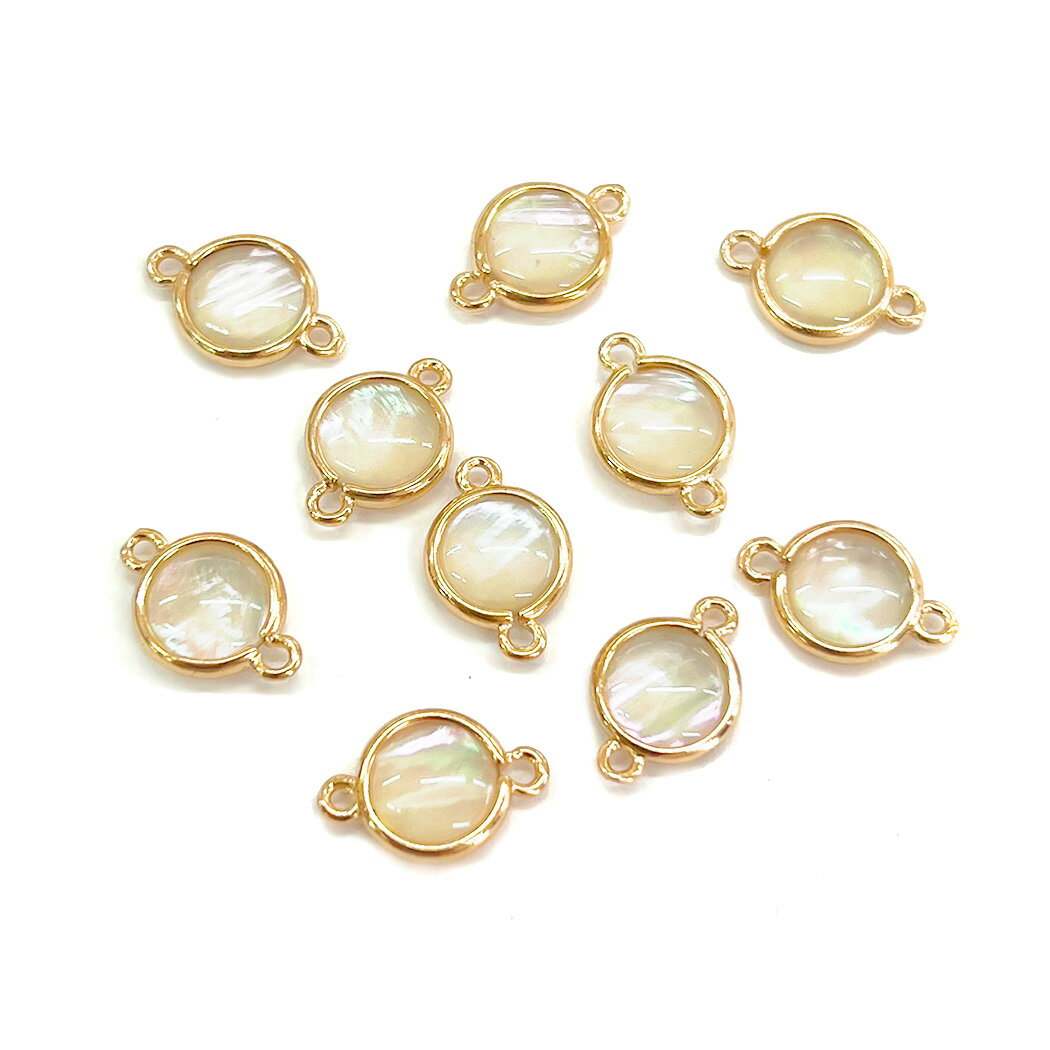 乐天商城 - 天然白蝶貝 パーツ チャーム カン付き ゴールド ホワイト ラウンド アクセサリーパーツ ハンドメイド シェル 両カン付き 2個 1550