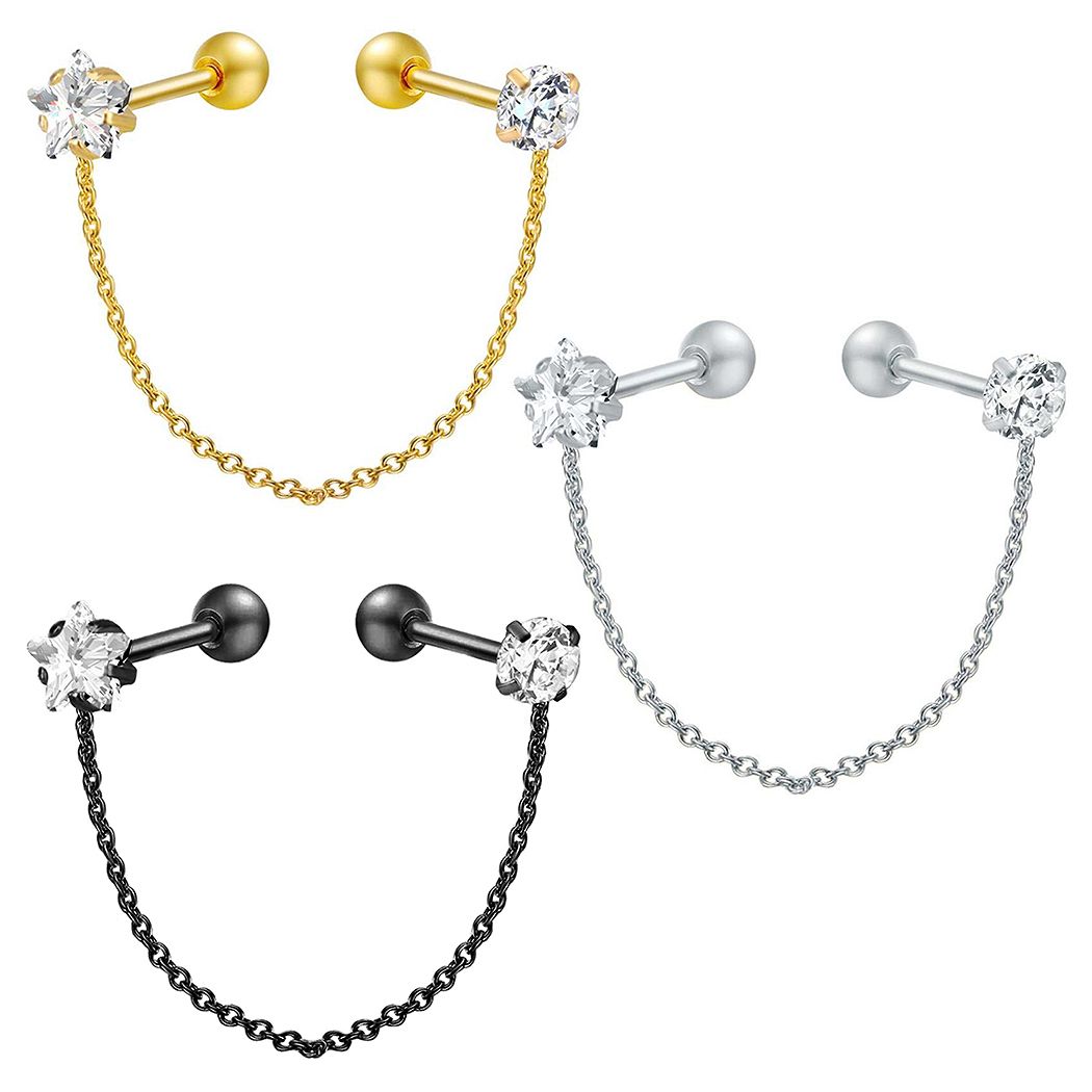 乐天商城 - ピアス ボディピアス チェーンピアス 2ホール スター ジルコニア ストレートバーベル 18G 913