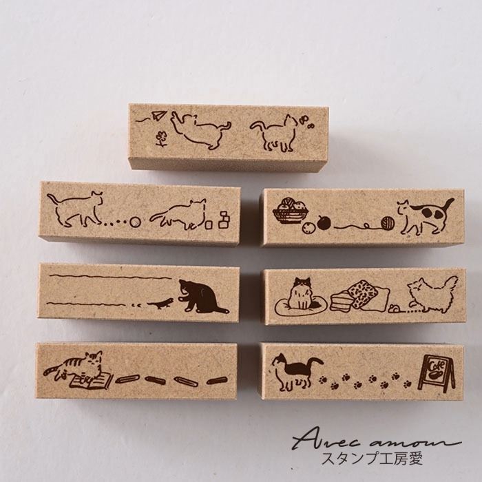 ボーダースタンプ 7本セットー猫たち-【オリジナルスタンプ・アンティークスタンプ・かわいいスタンプ・ミニスタンプ・手帳・手帳デコ・コラージュ・文具・文具女子・はんこ・ハンコ・スケジュール・北欧・動物 鳥 ハンドメイド】
