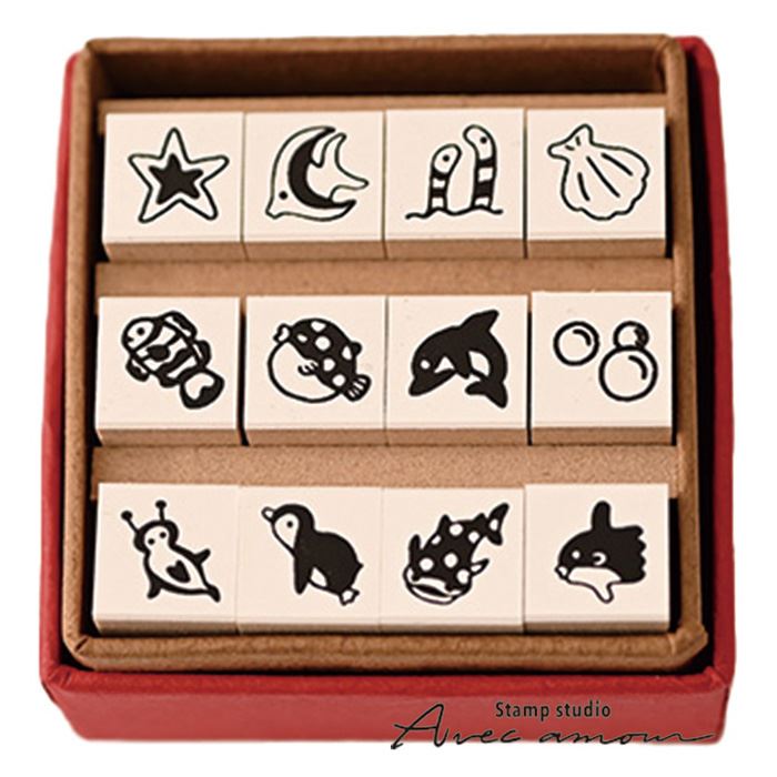 ぷちすたんぷセット　Petit Stamp -海の仲間たちー-【オリジナルスタンプ・アンティークスタンプ・かわいいスタンプ・手帳デコ・はんこ・ハンコ・スケジュール・ハンドメイド】のサムネイル