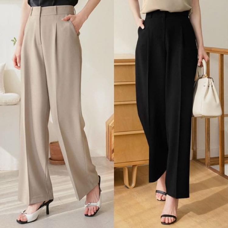 [Korean Traditional Clothing Style] Lumis Pintuck Slacks - Beige & Black, High Waist, Wide Leg Pants, Pintuck, Solid Color, for Adult Women, Sizes S, M, L, XL, XXL