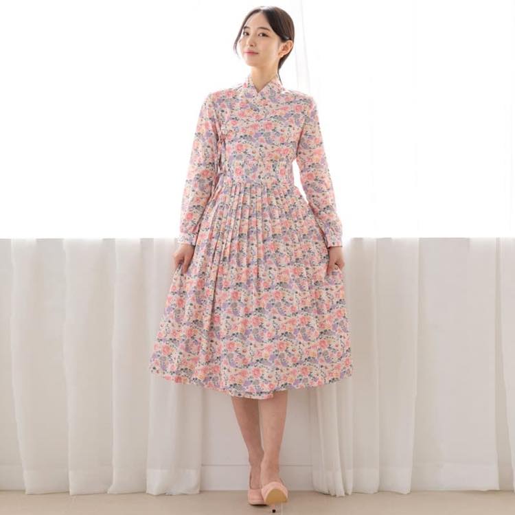 【韓服スタイル】ダレウォン チョリックワンピース ピンク 春 夏 ミディアム ハイウエスト 長袖 V開き 花柄 きれいめ ゆったり エレガント ナチュラル フェミニン リボン S M L