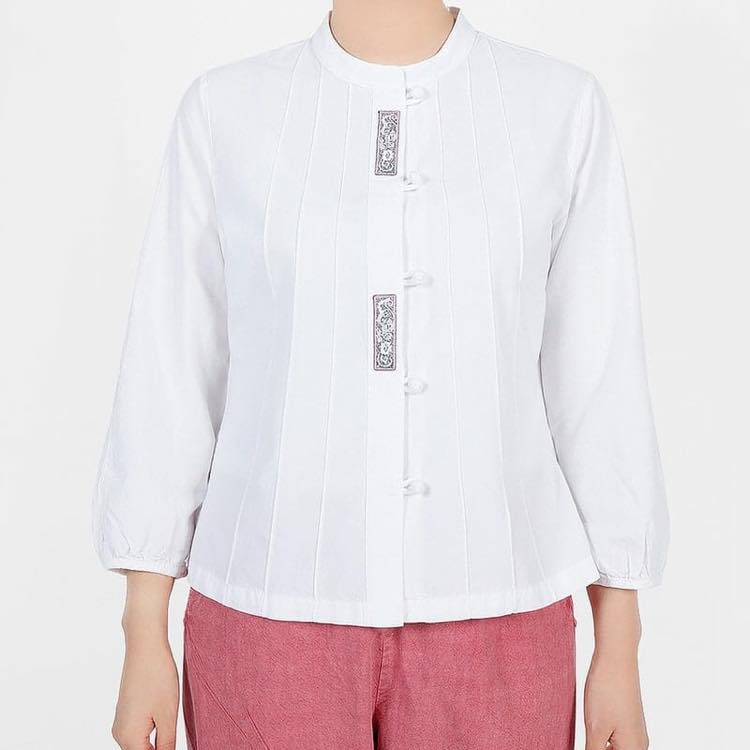 [Korean Traditional Clothing Style] Long Pleated Sleeve 7/8 Length & 9/10 Length Blouse, Pure Cotton, Spring/Summer, White, Sizes S, M, L, XL
