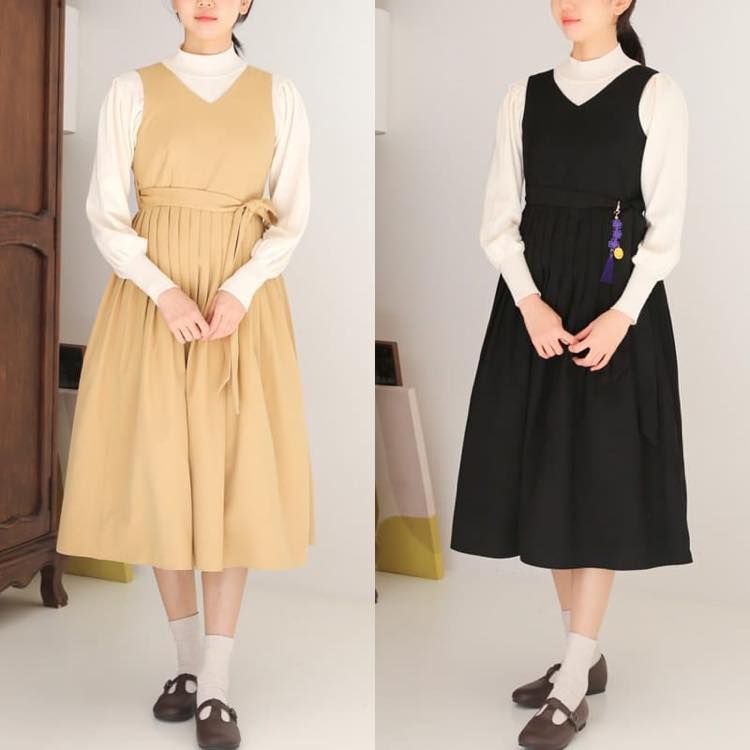 [Korean Traditional Clothing Style] Jeogori Shoulder Skirt, Autumn/Winter, Corduroy, Elegant Style, Mustard, Black, SM, ML
